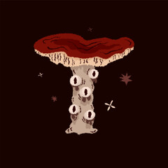 Magic mushroom with eyes. Psychedelic hallucinations. Mysterious autumn witchy forest. Vector illustration.