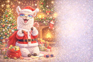 Urocza alpaka w stroju Świętego Mikołaja na bożonarodzeniowym tle z prezentami