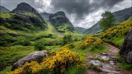 A scenic view of a valley path flanked by vibrant yellow flowers and lush green hills, under a dramatic, overcast sky