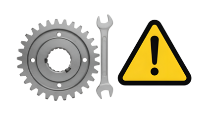 Silver gear wrench and yellow warning sign on white spanner tool