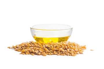 Golden linseed or flaxseed and oil. Healthy flax seed isolated on white background.