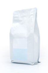 vertical view of sealed packages for bulk products with empty labels on them, for 500 grams, on a white background, isolated