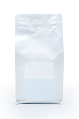 vertical view of sealed packages for bulk products with empty labels on them, for 500 grams, on a white background, isolated