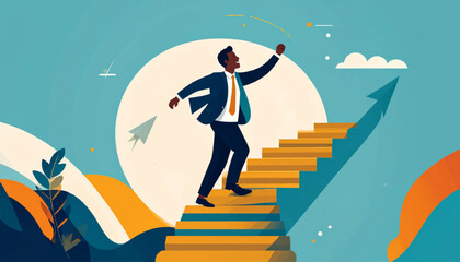 A man in suit is ascending upward on a staircase with an arrow in the background. Stylized, vector illustration
