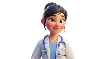 Cartoon female doctor wearing stethoscope isolated on transparent background