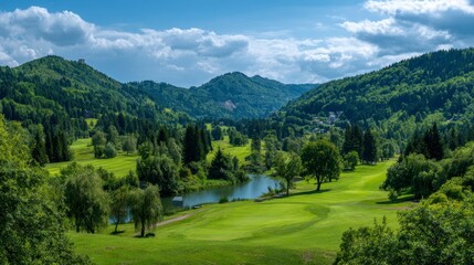 A scenic vista of rolling hills with lush green trees, a serene lake, and a glimpse of a distant village beneath a partly cloudy sky