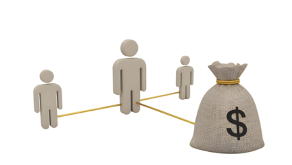 Three figures connected by gold lines to a burlap money bag with dollar sign people