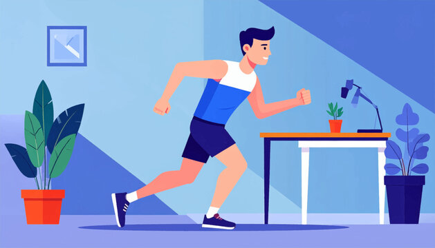 A man jogging in a room with blue hues, plants, table, lamp, and clock on the wall in a flat illustration style