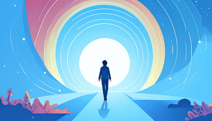 A person walks along a blue path, towards light, under a colourful, curved horizon in an artistic illustration