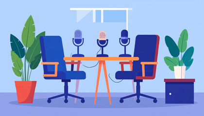 A podcast recording setup featuring two chairs, mics, desk,plants, side table against a pale blue wall