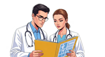 Two doctors in white coats looking at a medical chart isolated on transparent background