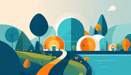 Fototapeta premium A stylized landscape with modern dome structures near water and trees, using a limited color palette