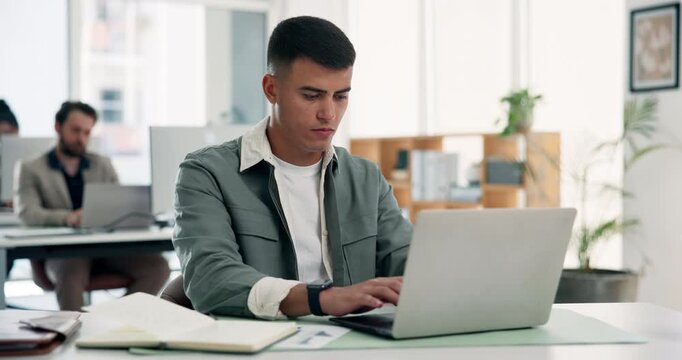 Business, man and typing on laptop in office for record keeping, data entry and coworking. Accountant, employee and tech at workplace for wealth management, track expenses and budget plan preparation