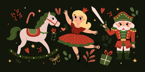 Magical fairy tale The Nutcracker, Christmas banner. Soldier, princess, horse and decorative elements. New Year's wooden toys. Cartoon vector illustration.