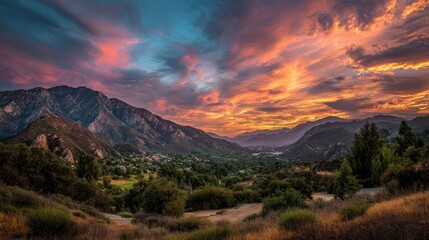 A scenic vista showcasing a mountain range silhouetted against a dramatic sunset with fiery hues over a valley below