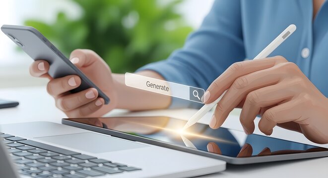 Illustration of close up of person using stylus on tablet with search bar overlay while holding smartphone near laptop for digital work or online search - Powered by Adobe