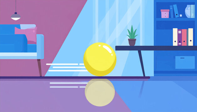 Abstract flat design living room with a yellow ball rolling and reflecting on the floor