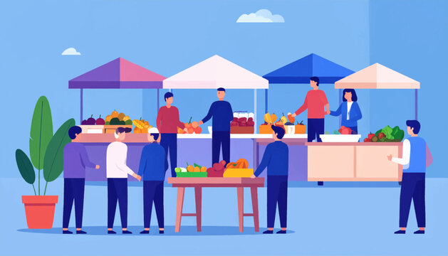 A vector illustration of people shopping at a local outdoor farmer's market under a blue sky with clouds