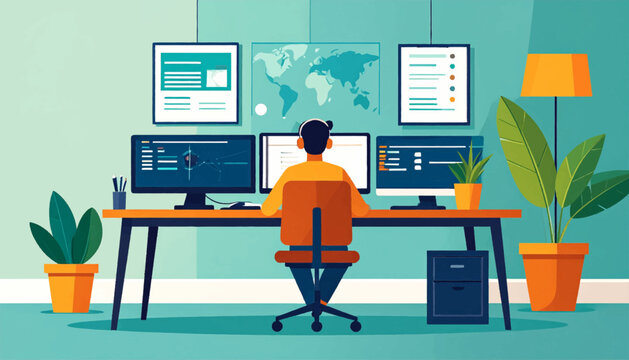 An illustration of a person at a desk with multiple monitors and plants in a modern office space setting