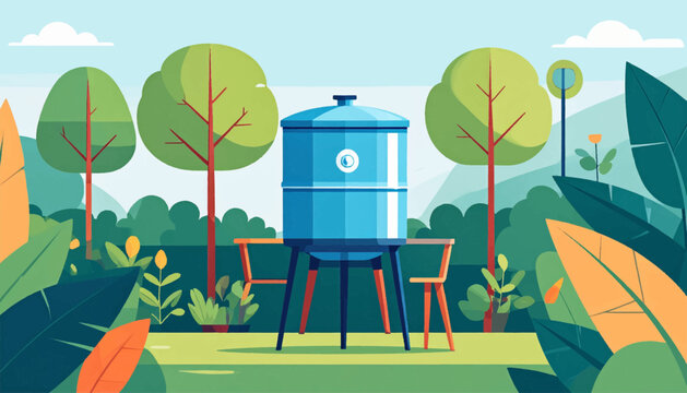 Blue water tank atop table in a park with leaves, trees, flowers and clouds, flat vector illustration