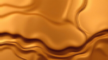 A close-up view of a shimmering golden metallic fabric with flowing wavy textures and vertical ridges creating an abstract background.
