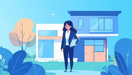Obraz premium Cartoon of a woman in a suit standing in front of a house with leaves, trees, and a light blue sky