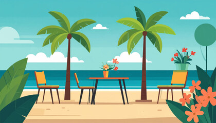 Obraz premium Cartoon beach scene with palms, table, chairs, flowers, and ocean view. Bright, simple shapes and sunny atmosphere
