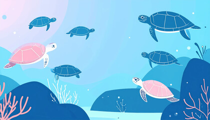 Obraz premium Cartoon sea scene with swimming turtles, coral, and blue backdrop, featuring varied sizes