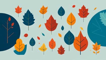Fototapeta premium Colorful fallen autumn leaves on a light background with abstract graphic shapes of trees and shrubs