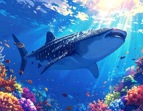 Cartoon whale shark swims over a colorful coral reef, with sun rays penetrating ocean depths