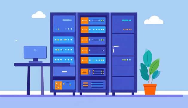 Cartoon server room with computer, potted plant, servers, and cloudy sky