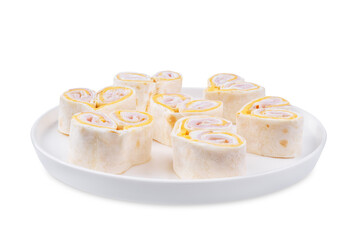 Ham Cheddar cheese cream cheese pinwheel in the form of hearts in a plate on a white isolated background