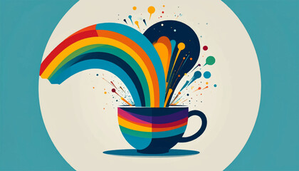 Colorful rainbow streams into a teacup with paint splatter effects, against a muted background