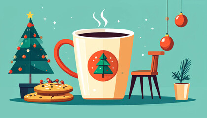 Festive scene with a large cup, a small Christmas tree and cookies on a blue backdrop, minimalist