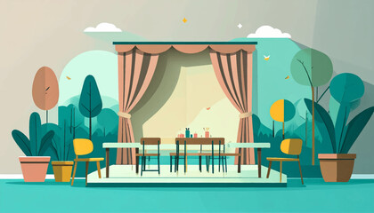 Fototapeta premium Flat illustration of an indoor dining space, bathed in soft lighting with surrounding plants and outdoor scenery