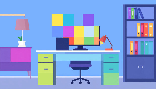 Colorful workspace. Flat illustration of a desk, computer with color squares, bookshelf, lamp, and chair