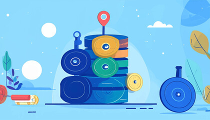 Obraz premium Flat illustration featuring geometric shapes, cylinders, and circles in various pastel colors on a blue background