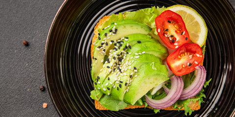 Avocado toast vegetable dish natural product tasty snack fresh delicious gourmet food background on the table rustic top view copy space keto and paleo diet vegan and vegan food