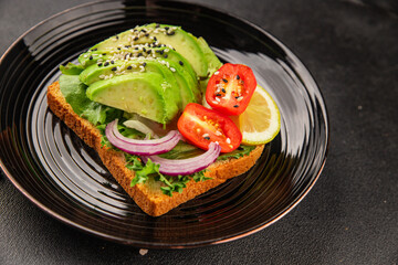 Avocado toast vegetable dish natural product tasty snack fresh delicious gourmet food background on the table rustic top view copy space keto and paleo diet vegan and vegan food