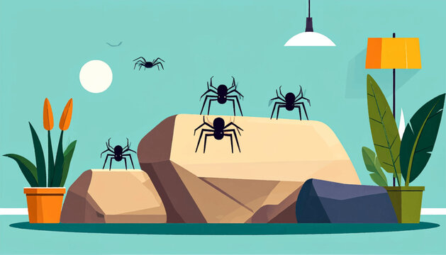 Flat illustration with spiders on rocks, plants, and minimalist lamps against a light blue background and sun