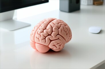 Brain-shaped stress ball on clean desk, mental wellness and focus tool