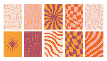 Set of groovy retro posters with checkered, striped and wavy textures in bold Y2K style.