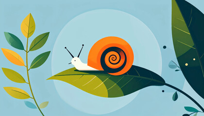Cartoon illustration A snail on a leaf, against a light blue backdrop with stylized foliage