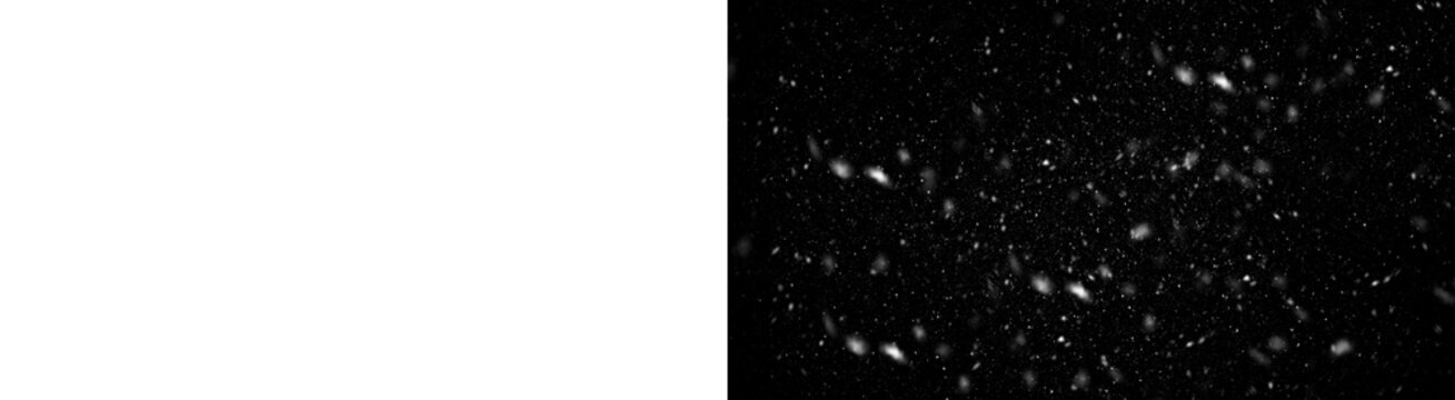 Black and white abstract texture overlay paired with a realistic falling snow effect for visual design projects on transparent background