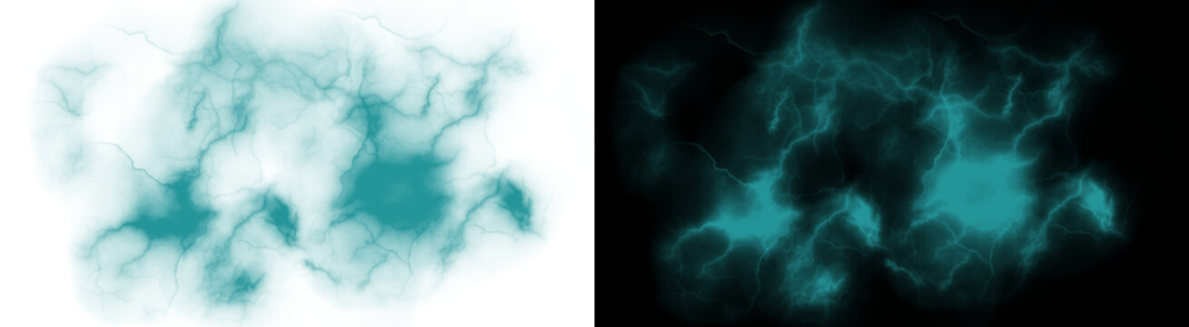 Abstract teal energy burst and glowing electrical storm effects for digital art on transparent background