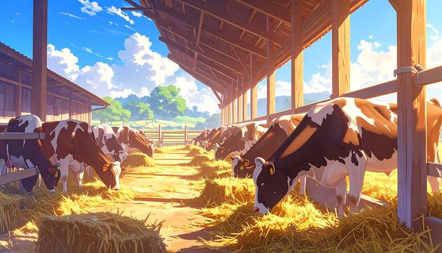 Cartoonish depiction of cows feeding inside a barn with sun shining through the wooden structure on a sunny day