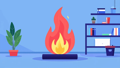 Cartoon illustration of a stylized fire in a room setting, plants, bookshelf