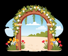 Scenic garden arch decorated with vibrant flowers overlooking a peaceful summer landscape in a nature environment