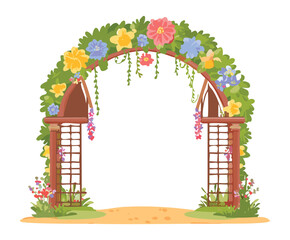 Elegant garden trellis archway adorned with various spring flowers and green leaves for a nature park entrance