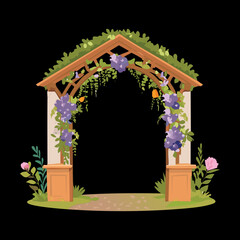 Beautiful wooden garden arch with a floral roof decorated with purple flowers and green plants in nature
